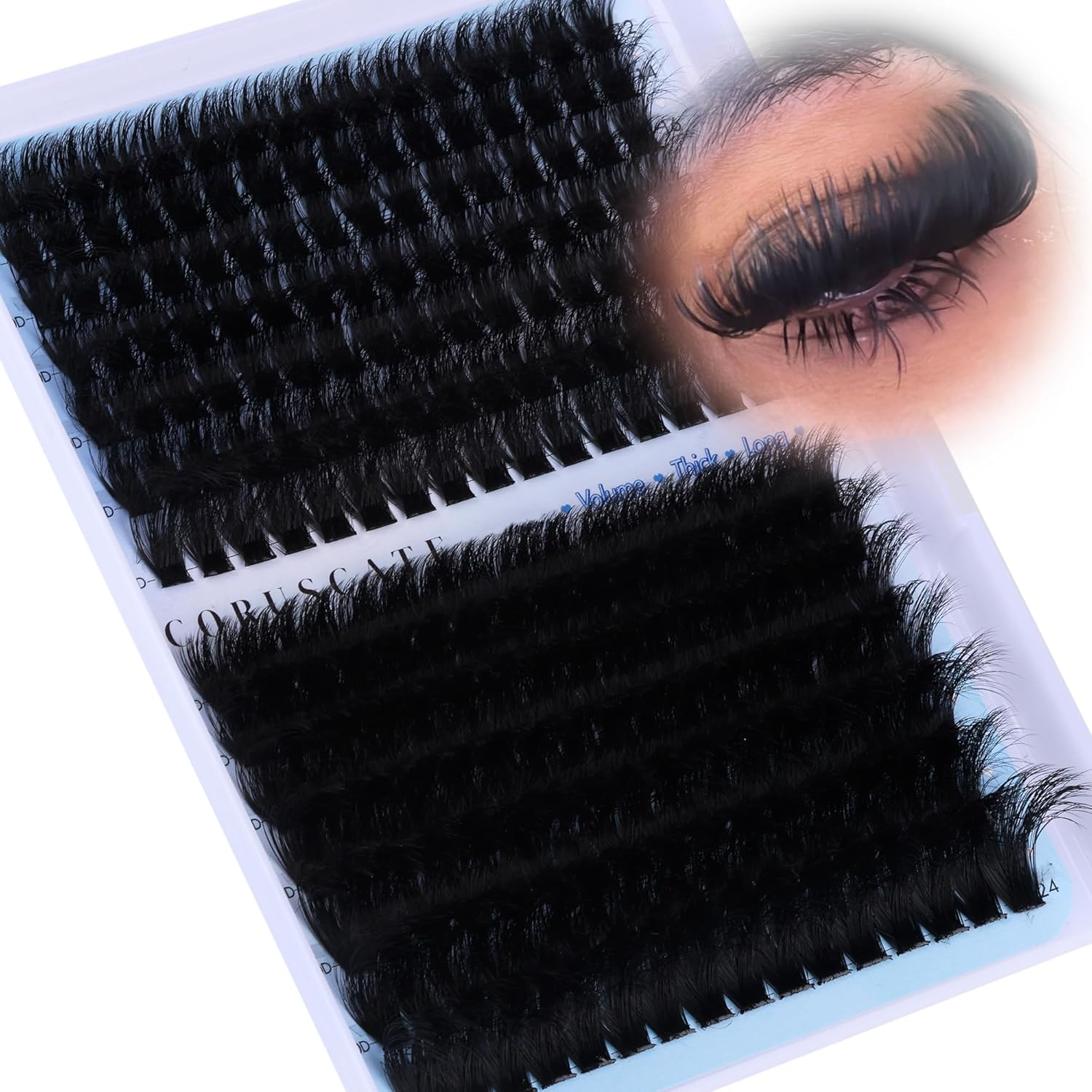 CORUSCATE lash clusters tray front view showcasing mixed 160D and 260D thick individual extensions