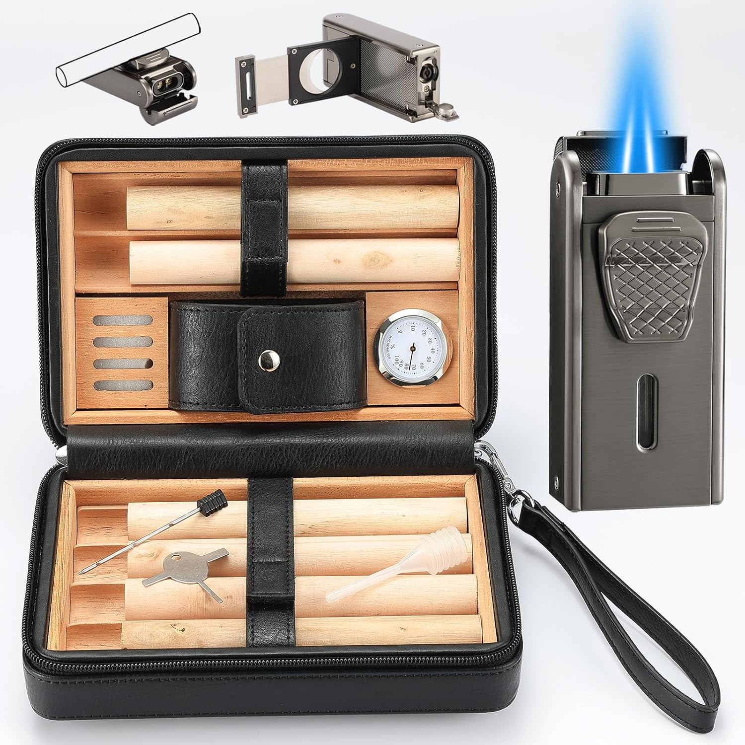 Bbsisgo leather cigar travel humidor case front view with double jet flame lighter.