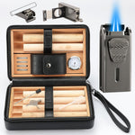 Bbsisgo leather cigar travel humidor case front view with double jet flame lighter.