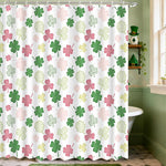 MEHOFOND St. Patrick's Day Shower Curtain front view featuring green and pink clover patterns on a white background.