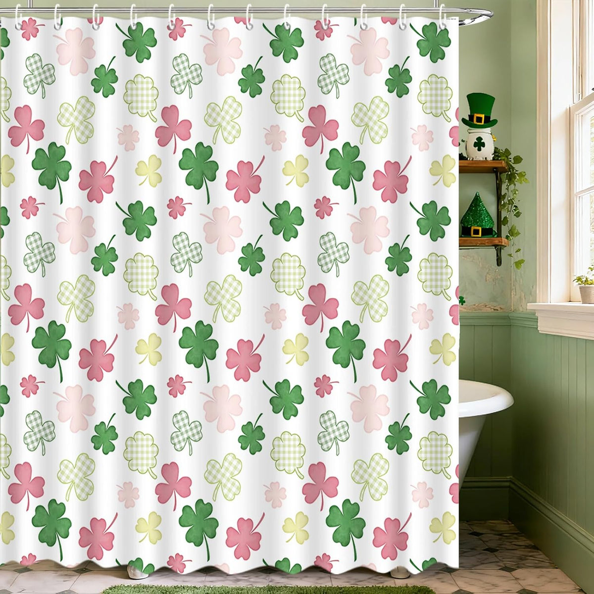 MEHOFOND St. Patrick's Day Shower Curtain front view featuring green and pink clover patterns on a white background.