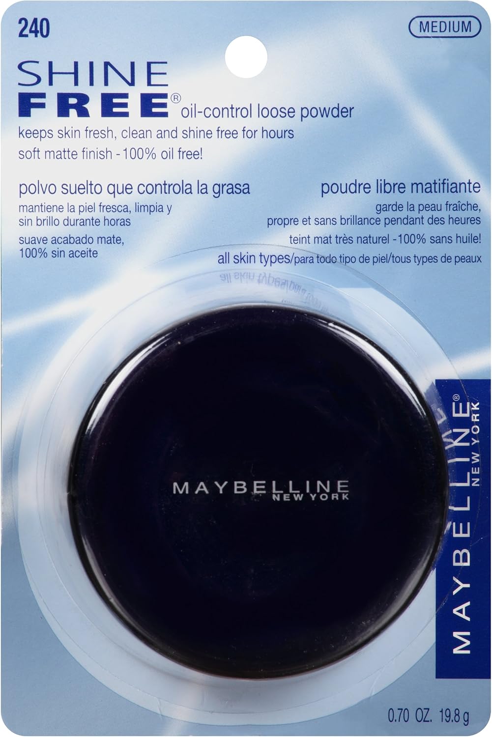 Maybelline Shine Free loose powder packaging showing oil-free label
