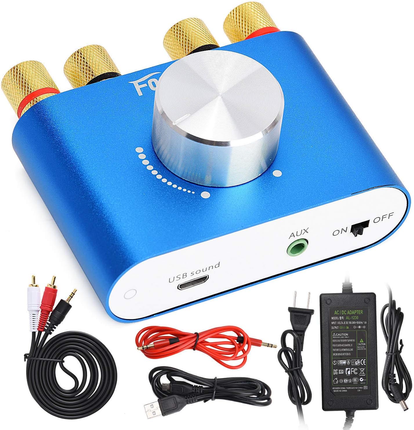 Facmogu F900S mini Bluetooth power amplifier front view showing large volume knob