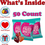 Fifty count heart shaped gummy candy pouches in assorted fruit flavors.