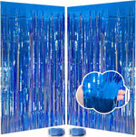 JINSUI blue streamers party decorations front view of two pack shimmering dark blue foil fringe curtains.