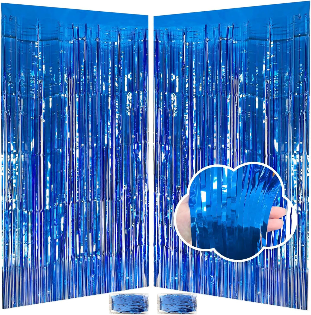 JINSUI blue streamers party decorations front view of two pack shimmering dark blue foil fringe curtains.