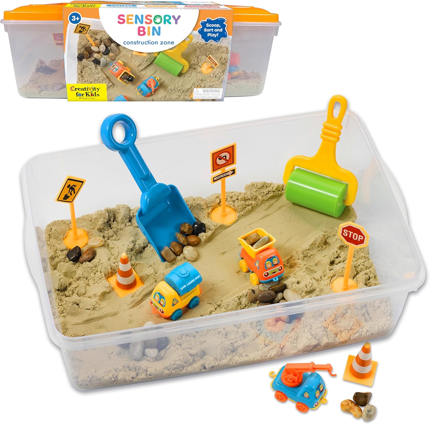 Creativity for Kids Construction Zone Sensory Bin front view with accessories