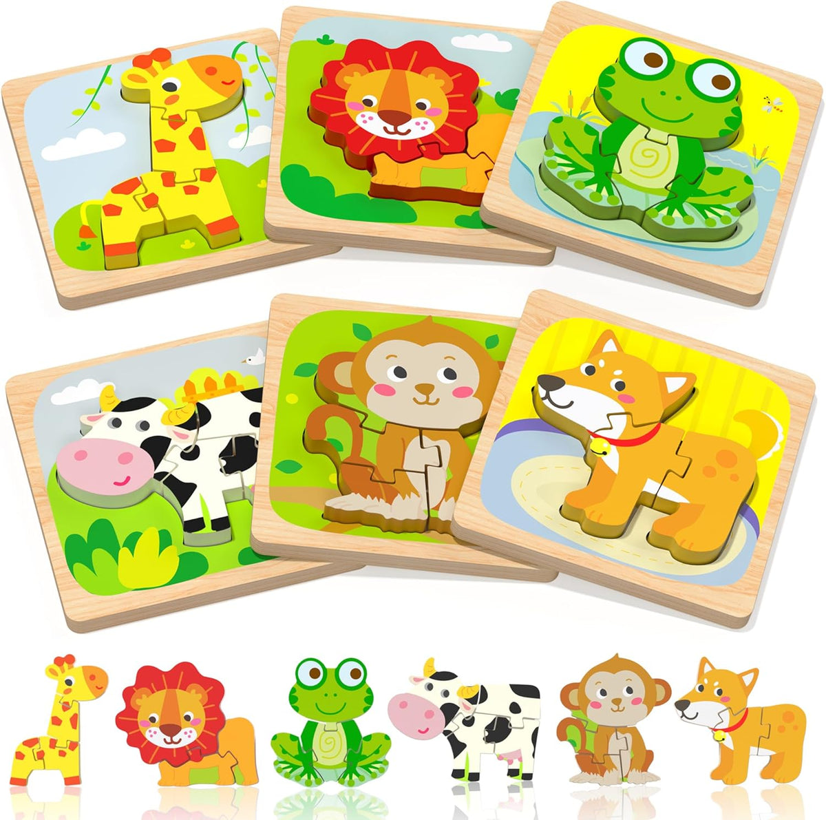 Benresive wooden toddler puzzles six pack front view showcasing vibrant animal shapes