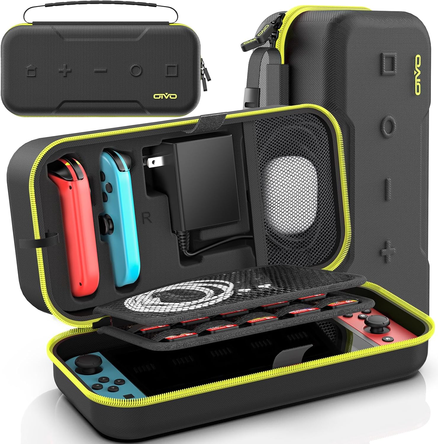 OIVO Switch OLED Carrying Case Yellow front view showing the durable hard shell exterior design.