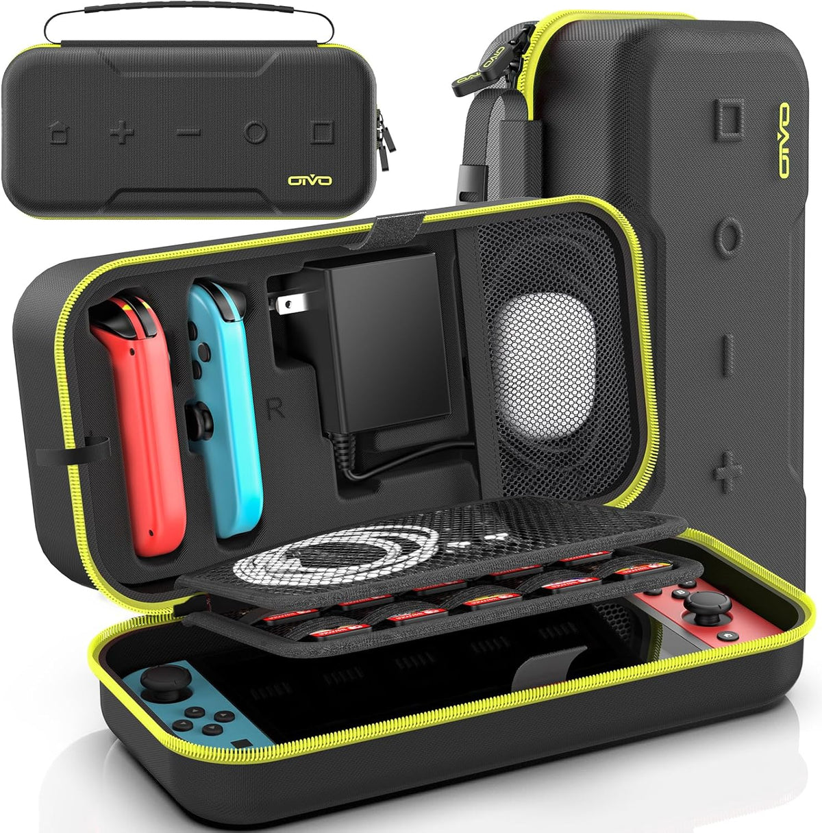 OIVO Switch OLED Carrying Case Yellow front view showing the durable hard shell exterior design.