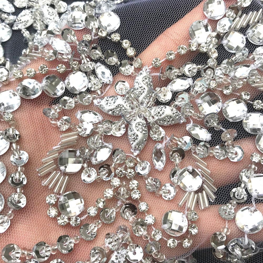 Silver sequin and rhinestone sewing patch for evening dresses
