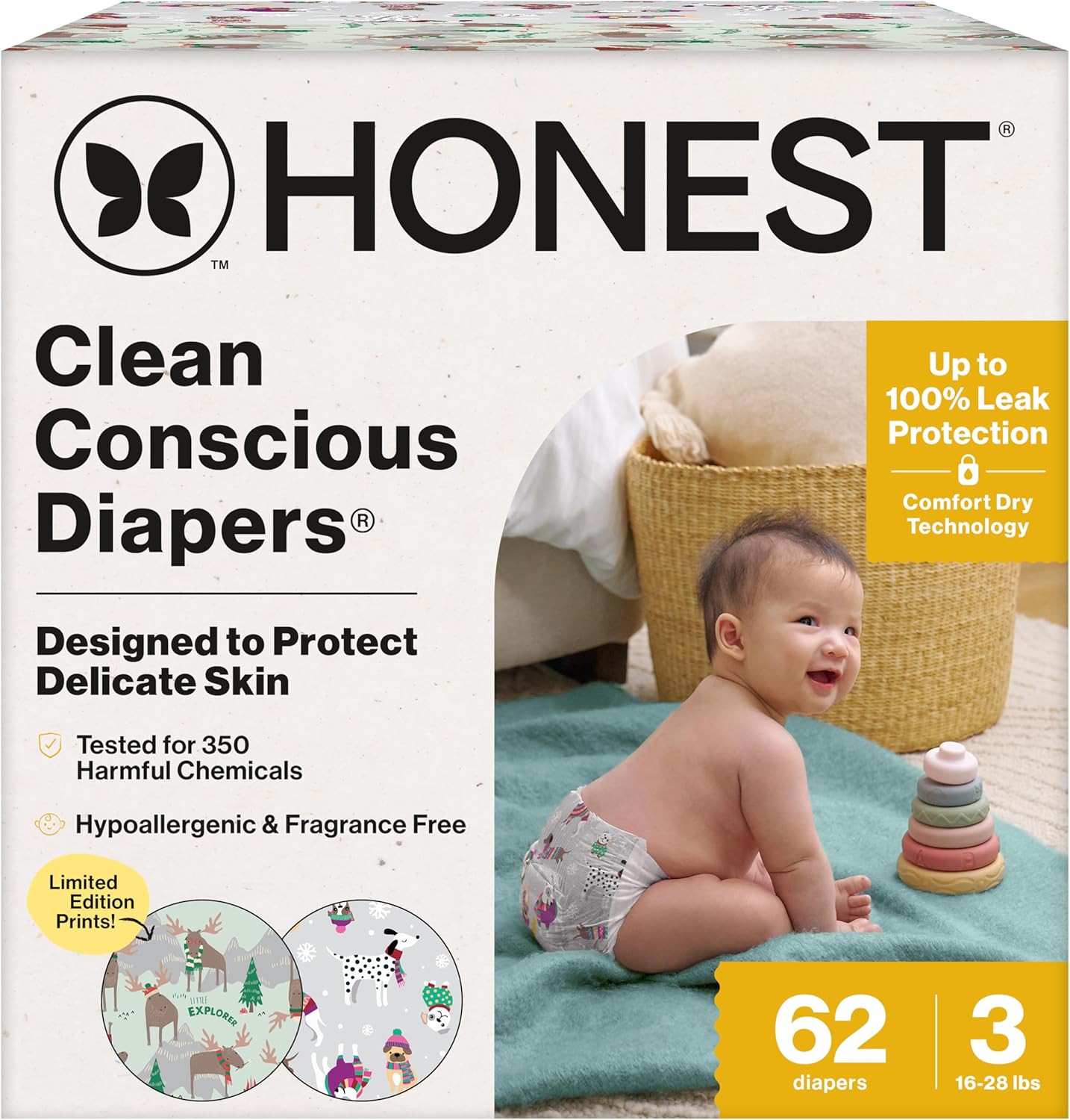 The Honest Company Clean Conscious Diapers for Delicate Skin | Up to 100% Leakproof | Hypoallergenic, Fragrance Free | Winter '25 Limited Edition Prints | Club Box, Size 3 (16-28 lbs), 62 Count - Image 1