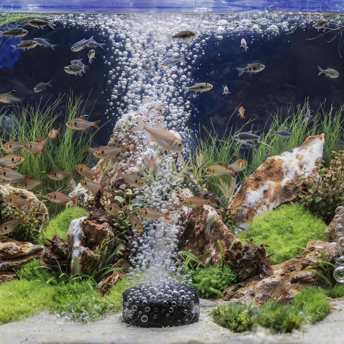 Four piece fish tank bubbler kit displaying the complete premium mineral stone set.