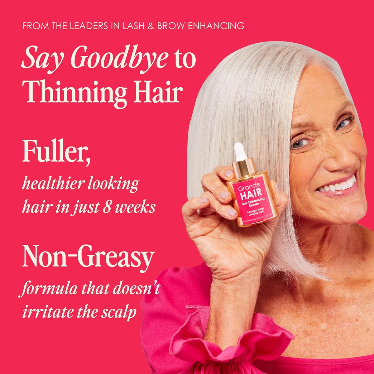 Grande Cosmetics thinning hair serum bottle next to retail box