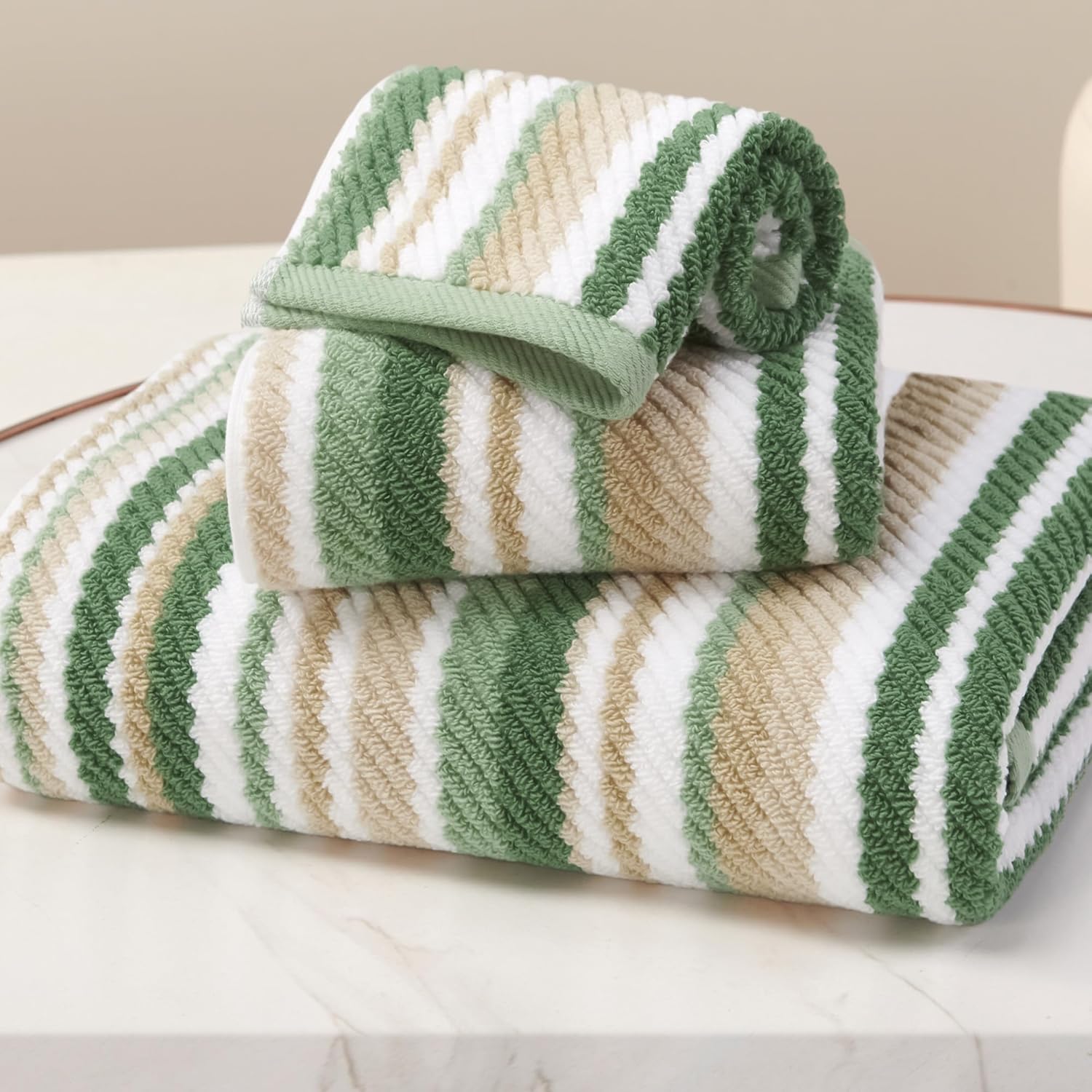 Voova & Movas green striped 3 piece cotton towel set front view