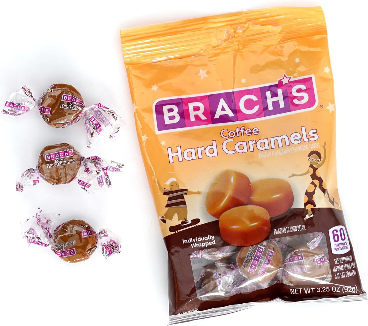 Close up of individually wrapped coffee hard caramel candy