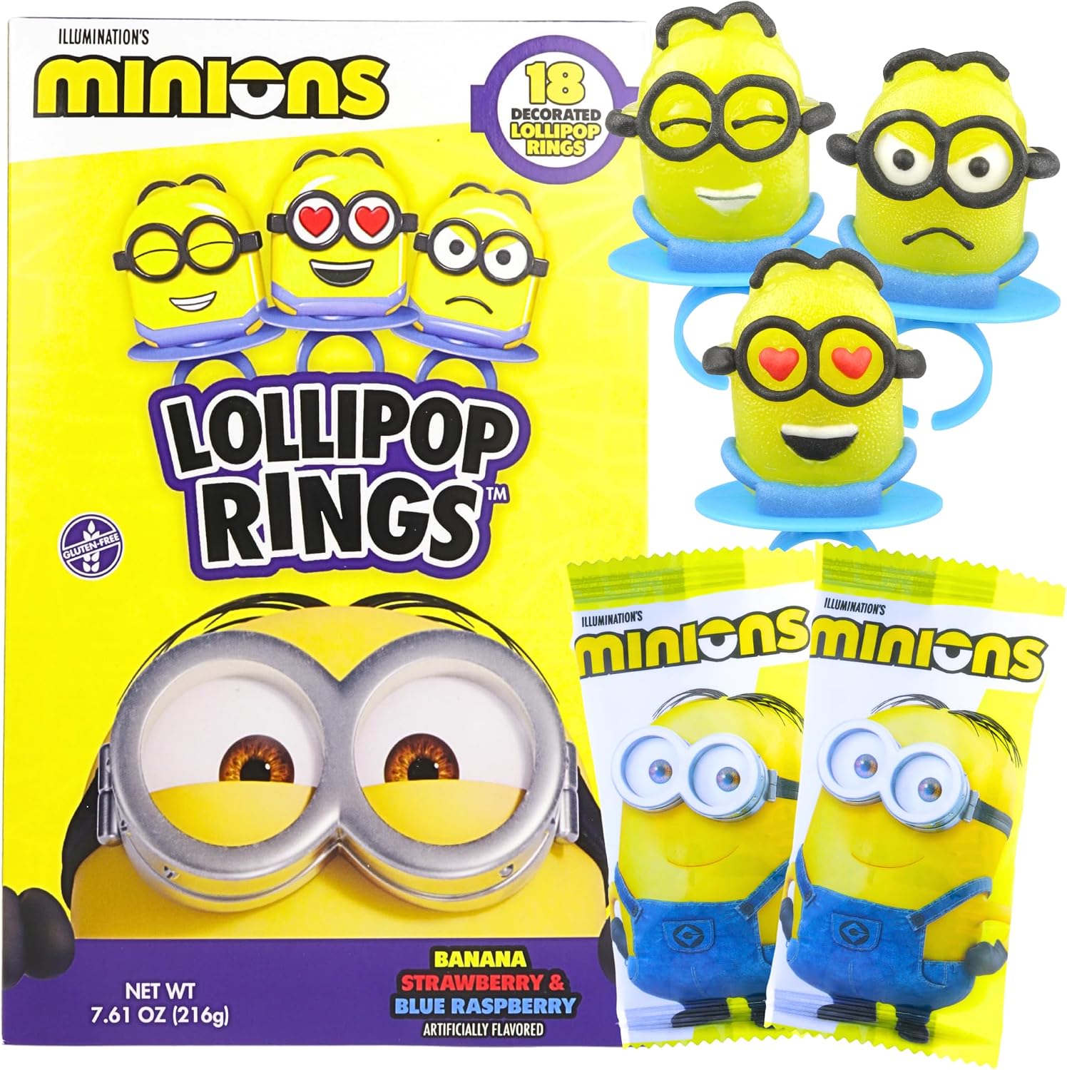 Flix Candy Minions Lollipop Rings front view of the 18-count display box featuring assorted character designs.