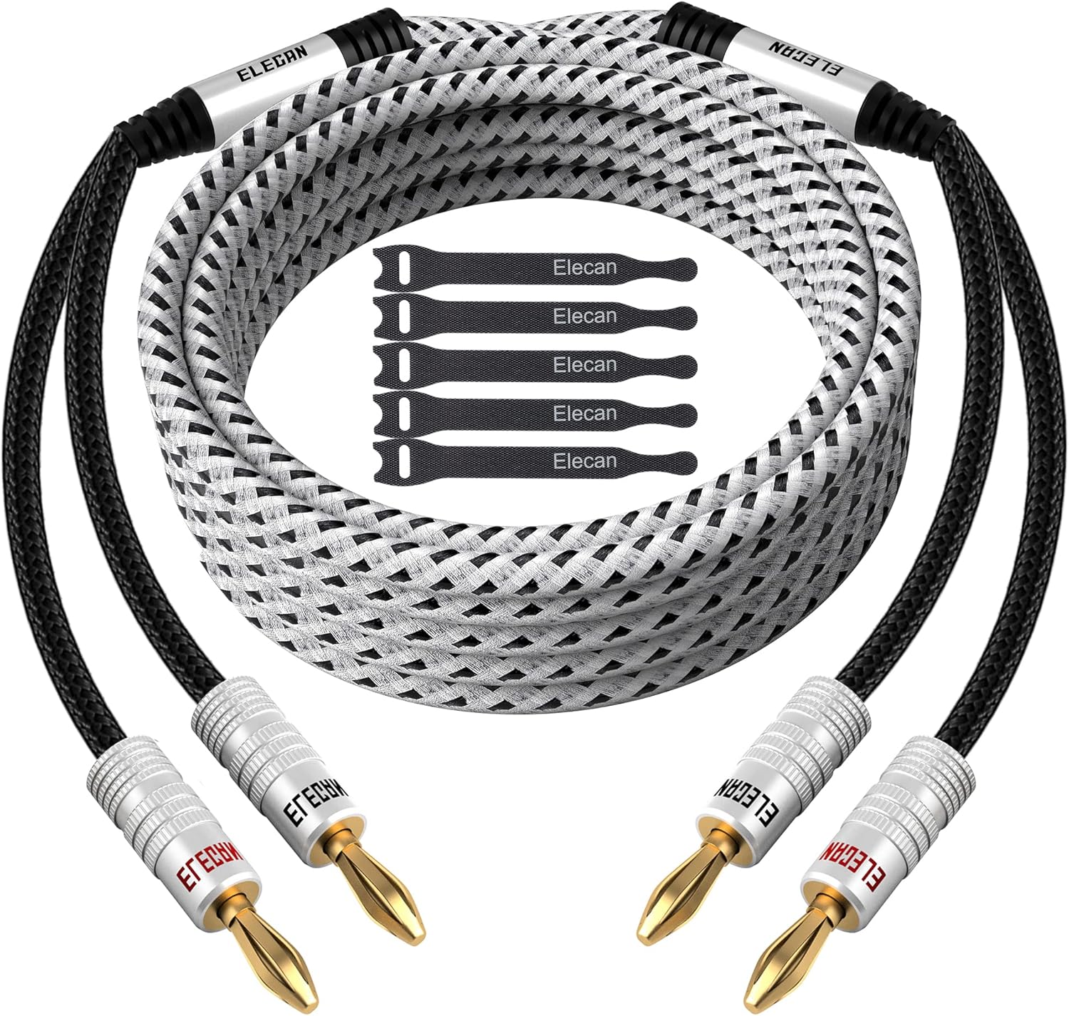 Elecan 14 AWG Speaker Cable 10 Feet front view with banana plugs