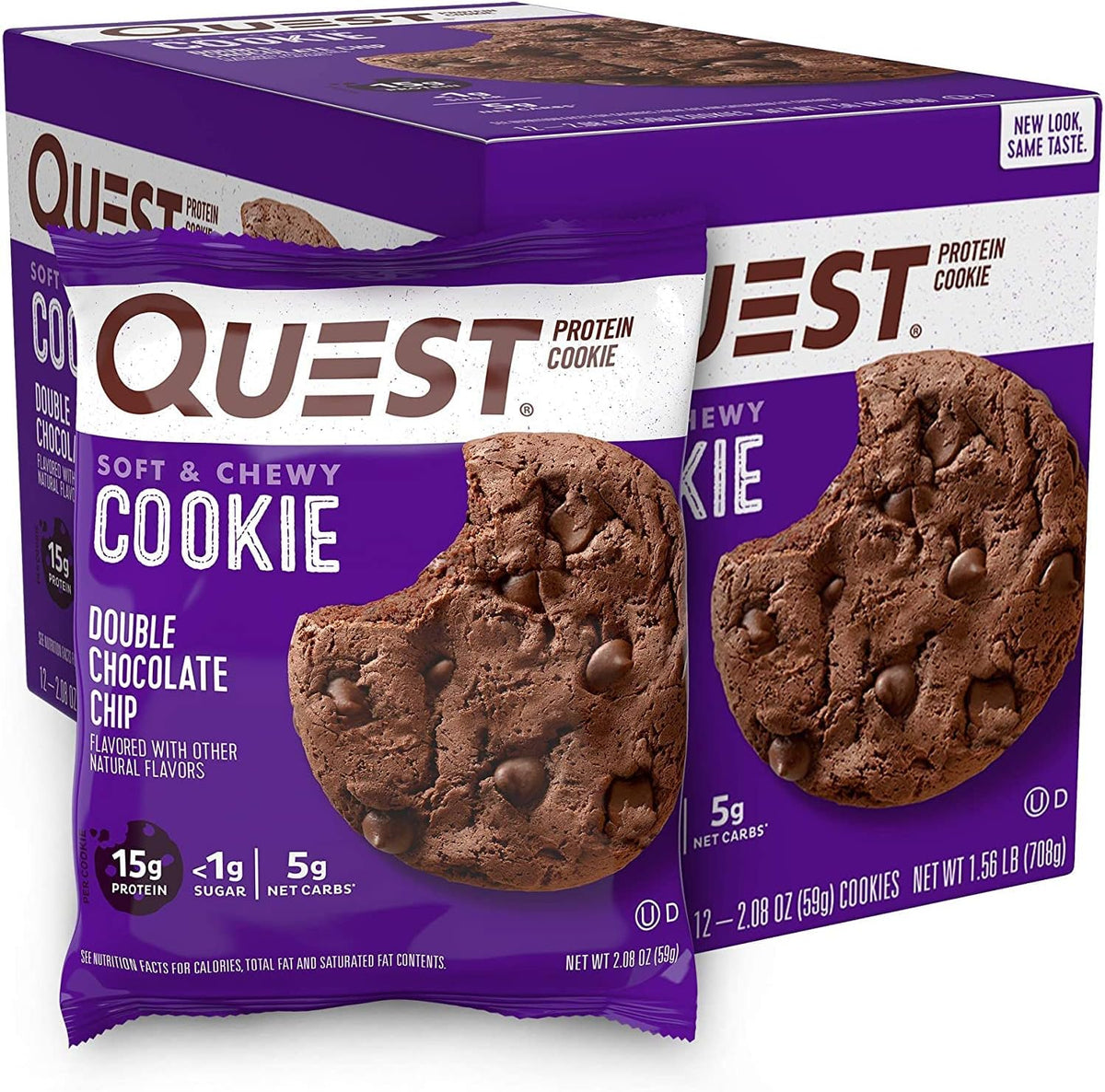 Quest Nutrition Double Chocolate Chip Protein Cookie front packaging.