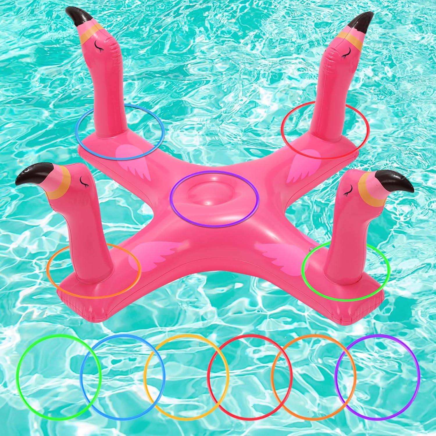 Uniqhia inflatable shark and flamingo pool ring toss game set with six rings