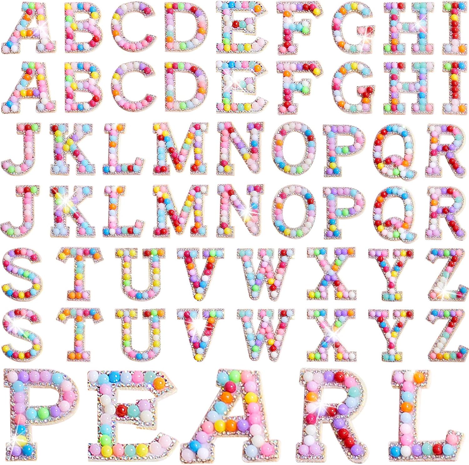 Canlierr 52 Pcs Pearl Rhinestone Letter Patches front view showing alphabet set