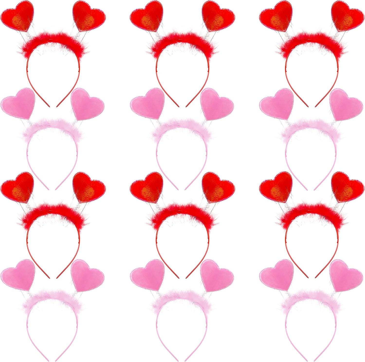 Restroma Valentine heart headband front view featuring red and pink feather boppers.
