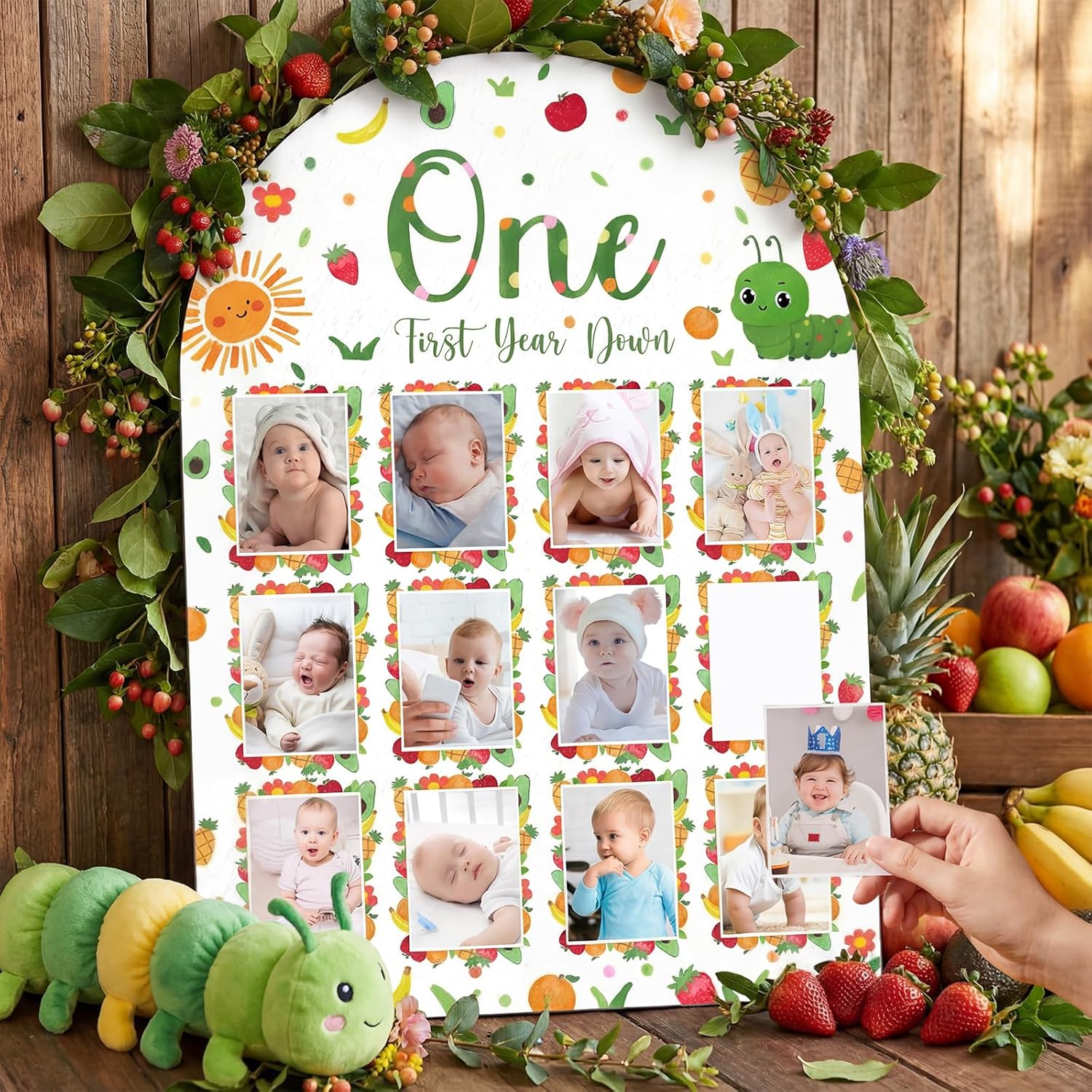 Mifoci Caterpillar First Year Down wooden milestone photo board front view showing twelve monthly picture frames