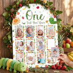 Mifoci Caterpillar First Year Down wooden milestone photo board front view showing twelve monthly picture frames