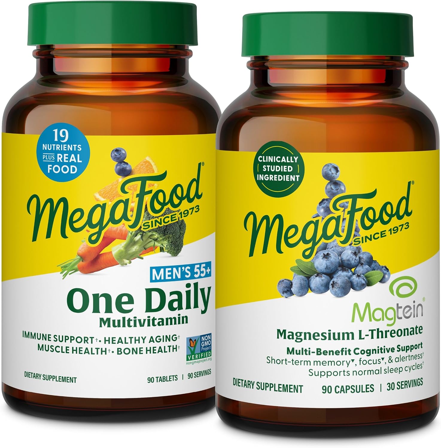 MegaFood men's 55+ multivitamin and magtein bundle front view authentic supplement