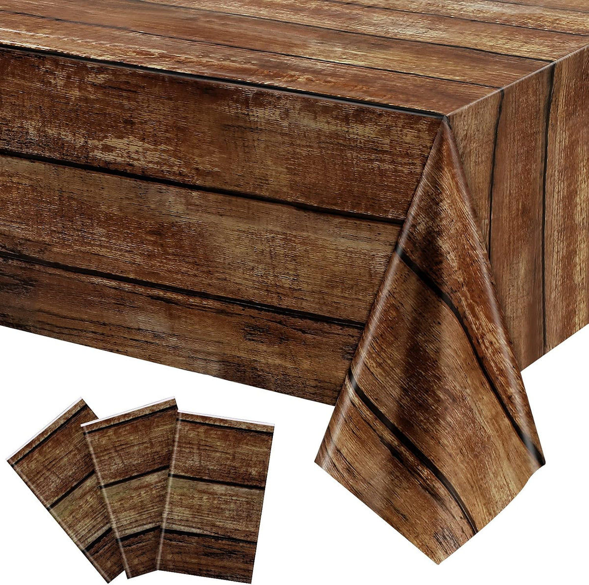 Irenare 3 piece brown wood grain rustic plastic tablecloth set