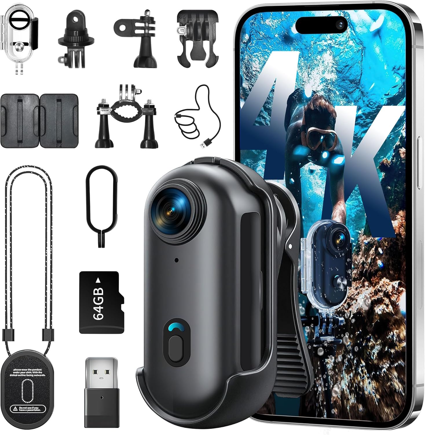 Generic 4K mini body camera front view displaying the ultra compact lens and portable design.