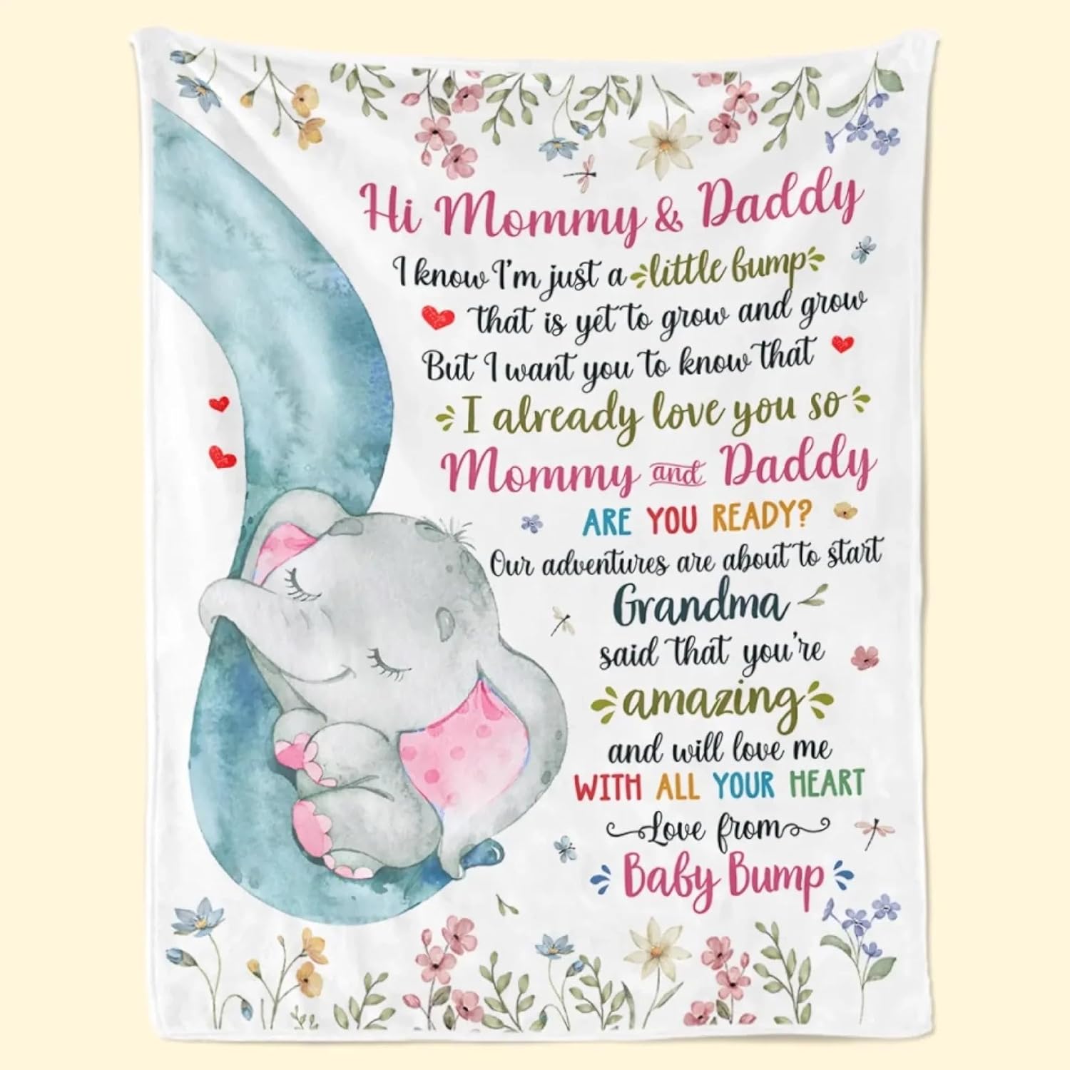 Orange Poi Personalized Hi Mommy and Daddy Blanket front view showing watercolor elephant print.