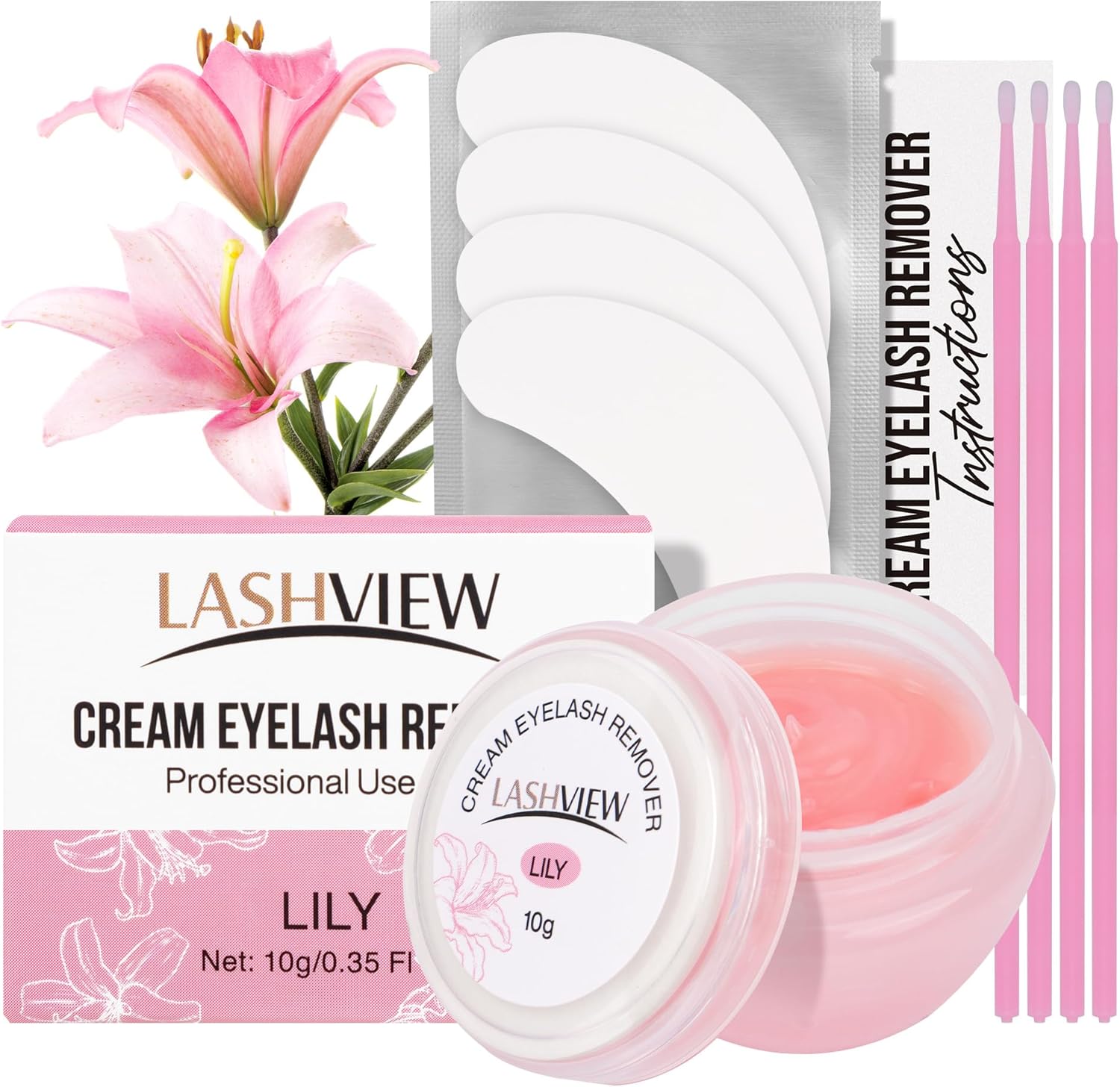 LASHVIEW Eyelash Extension Remover Cream Gentle Lily Formula, Lash Removal Kit with Eye Patches & Cotton Swabs(10g) - Image 1