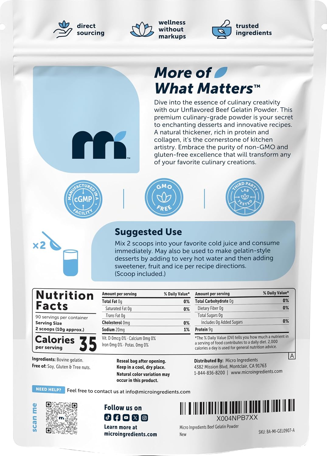 Micro Ingredients beef gelatin powder packaging back view