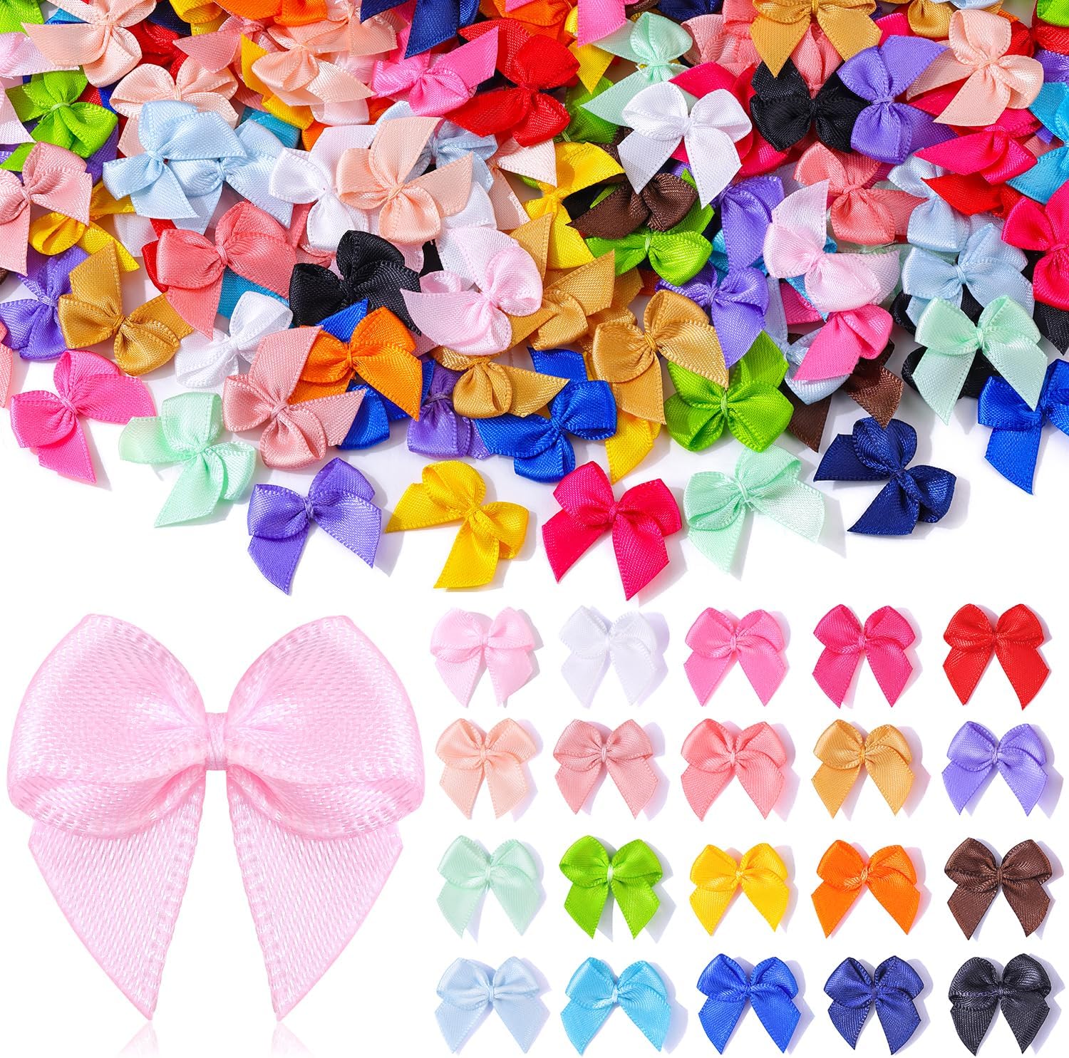 Tinkrstuff colorful mini bows for crafts front view showing a multi color assortment of small satin ribbon bows.