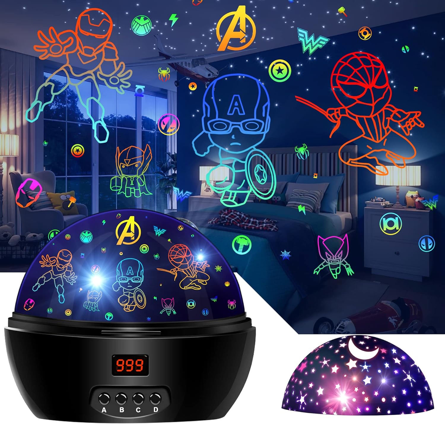 Mokoqi superhero kids night light projector front view with star display