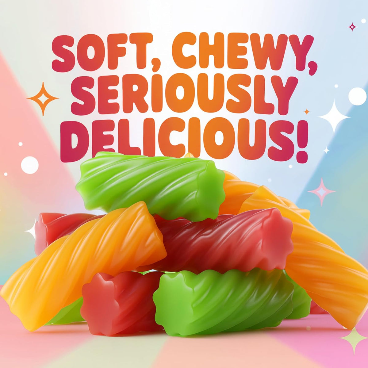 Gourmet fruit flavored soft chewy licorice twists on a platter