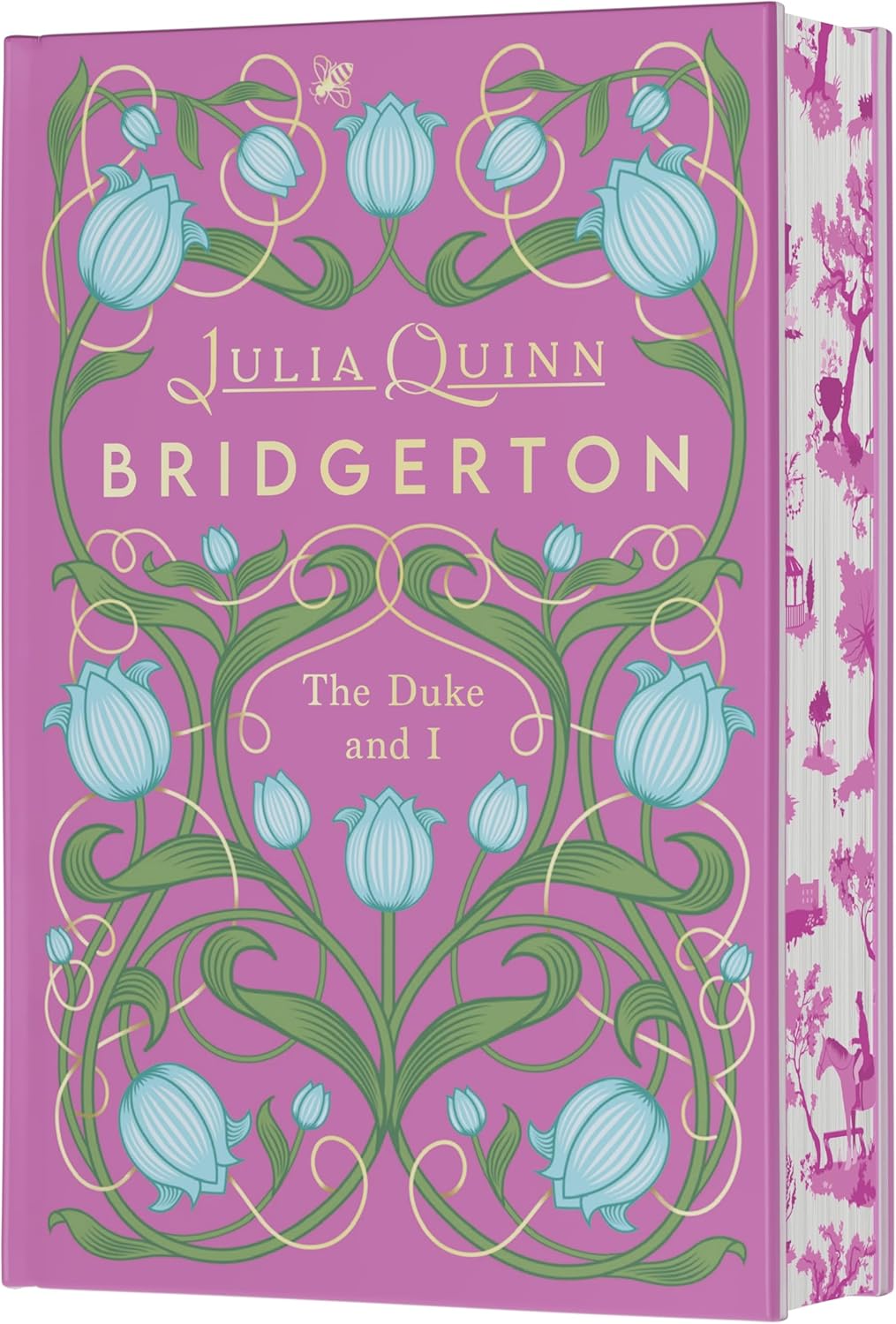 Julia Quinn The Duke and I Deluxe Collector's Edition hardcover front view showing pink cover with blue floral illustrations.