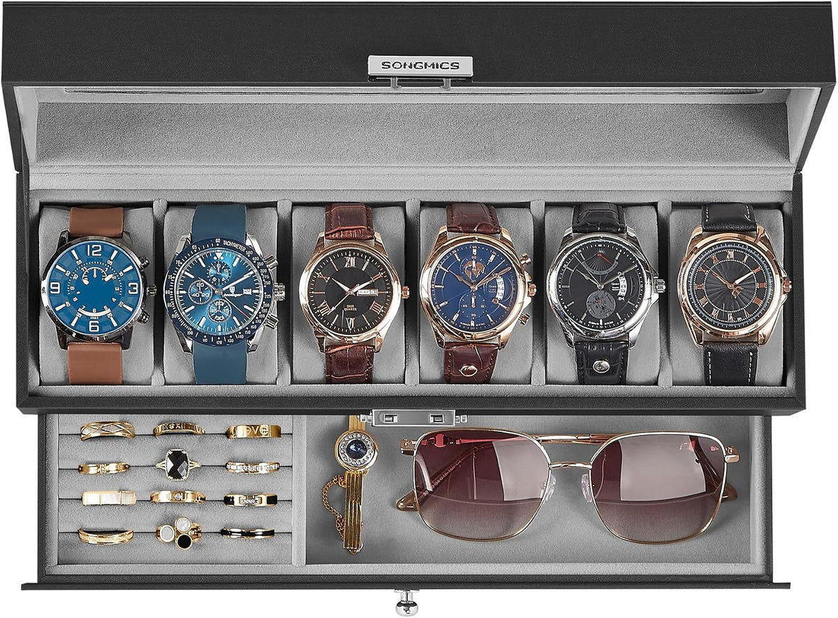 SONGMICS Watch Box, 8-Slot Watch Case Organizer with Large Glass Lid, 2 Layers, Removable Pillows, Metal Lock, Gift for Loved Ones, Black Synthetic Leather, Greenish Gray Lining UJWB080G01 - Image 11