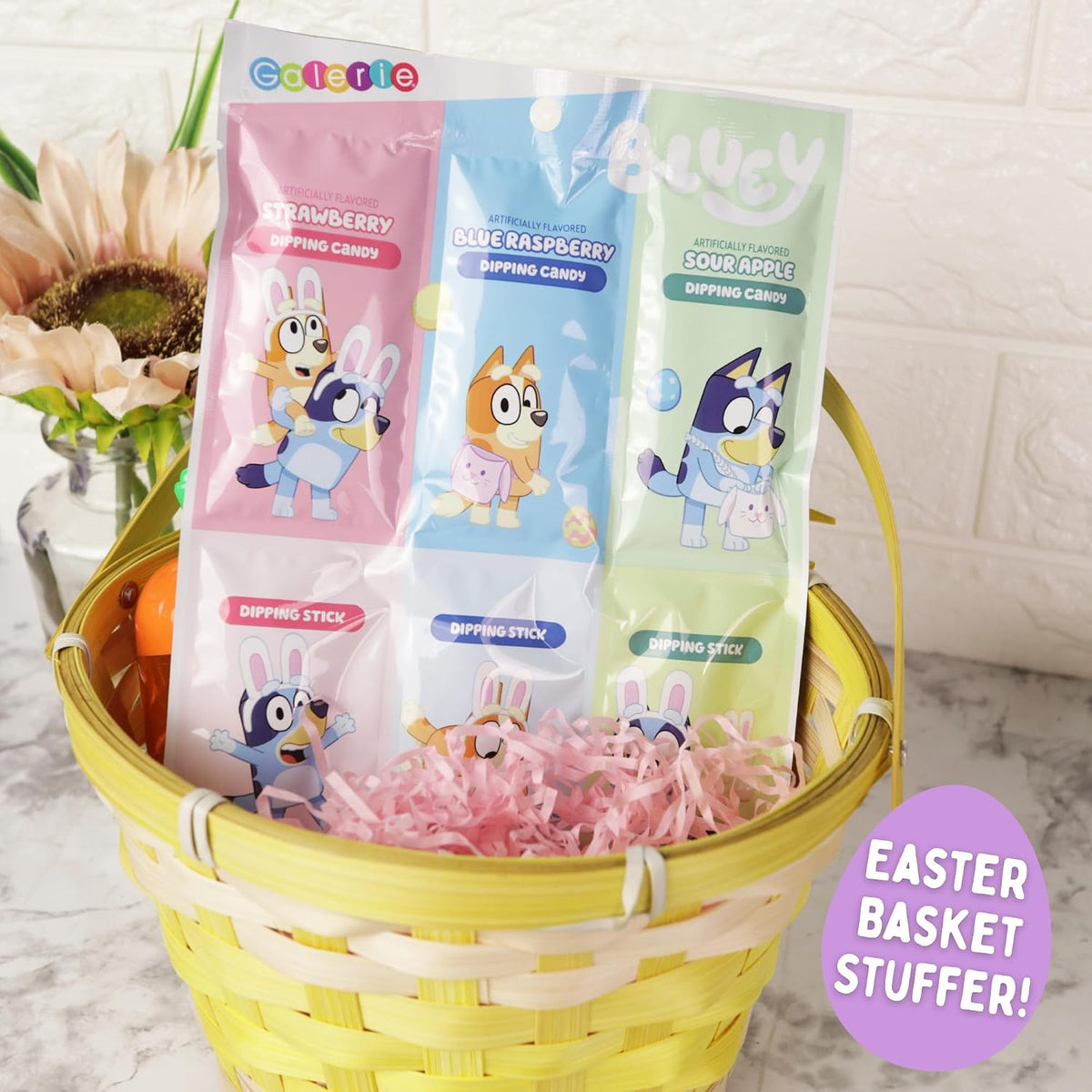 Back label of the Galerie Bluey candy pouch detailing correct usage instructions and product weight.