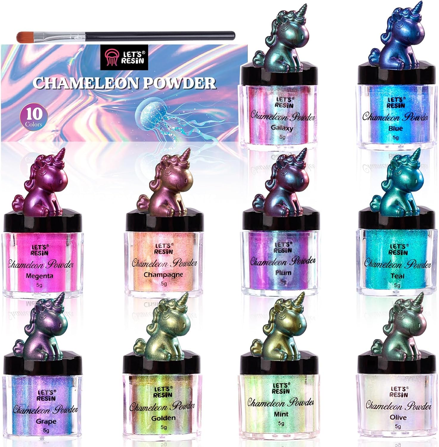 Lets Resin chameleon mica powder front view packaging and jars