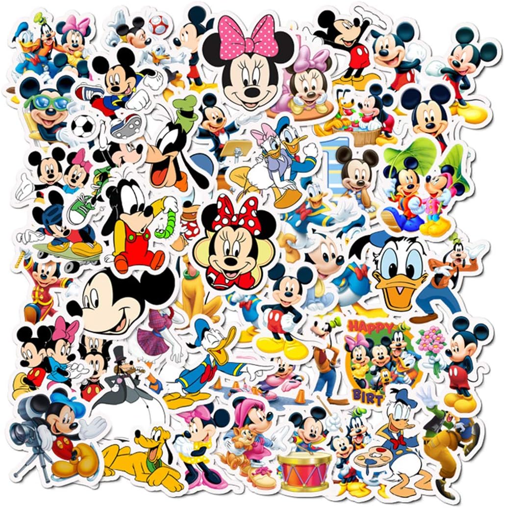 Mozoltov Disney Mickey Mouse vinyl waterproof stickers fifty count pack front view showcasing various colorful character designs.