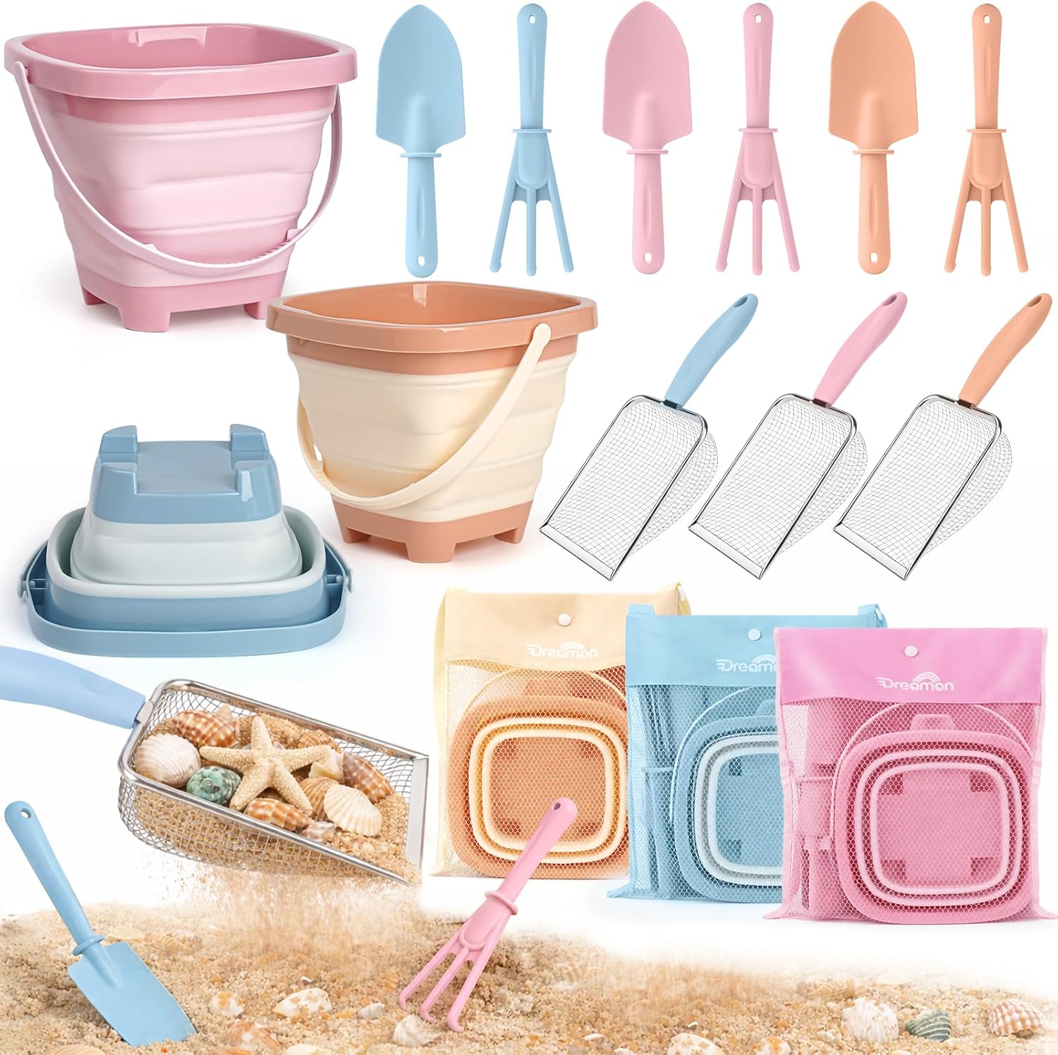 Dreamon beach sand toy set with collapsible buckets and shovels.
