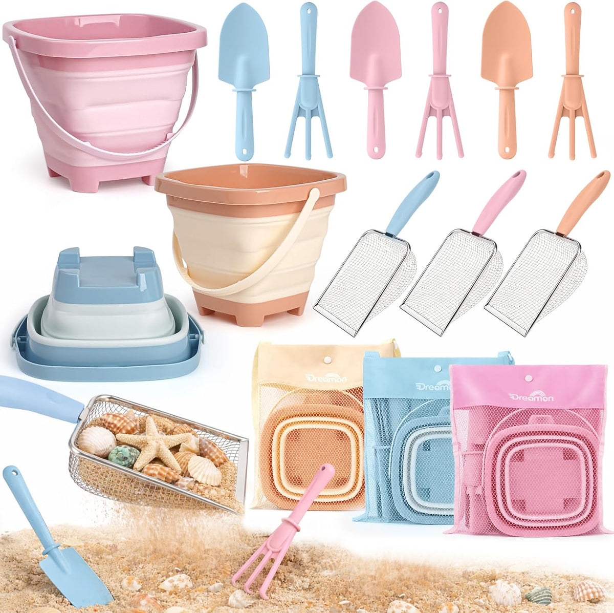 Dreamon beach sand toy set with collapsible buckets and shovels.