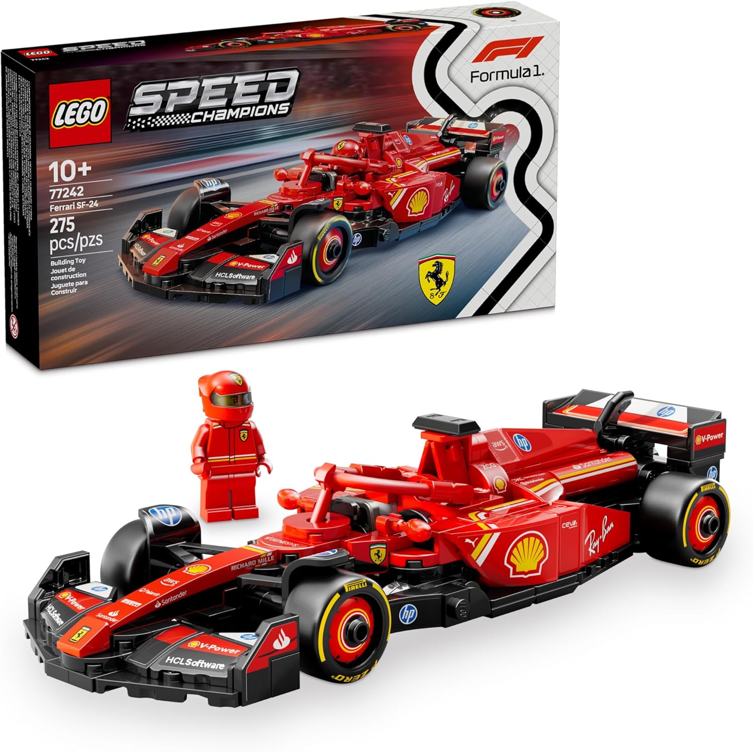 LEGO Speed Champions Ferrari SF-24 F1 front view showing aerodynamic design