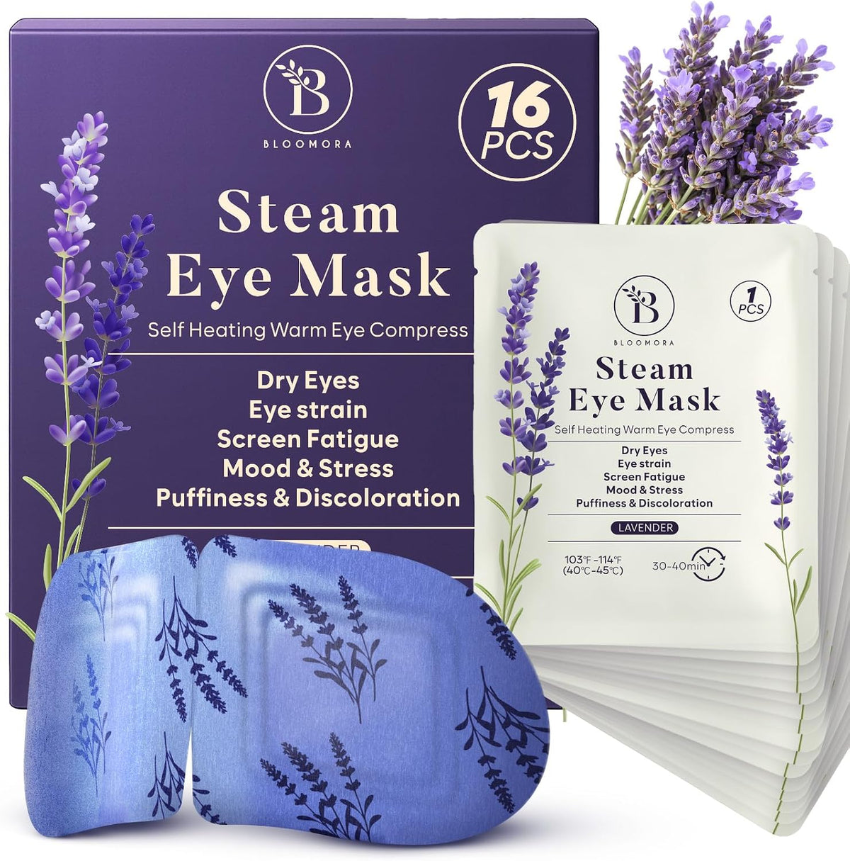 Bloomora lavender steam eye mask front box packaging view