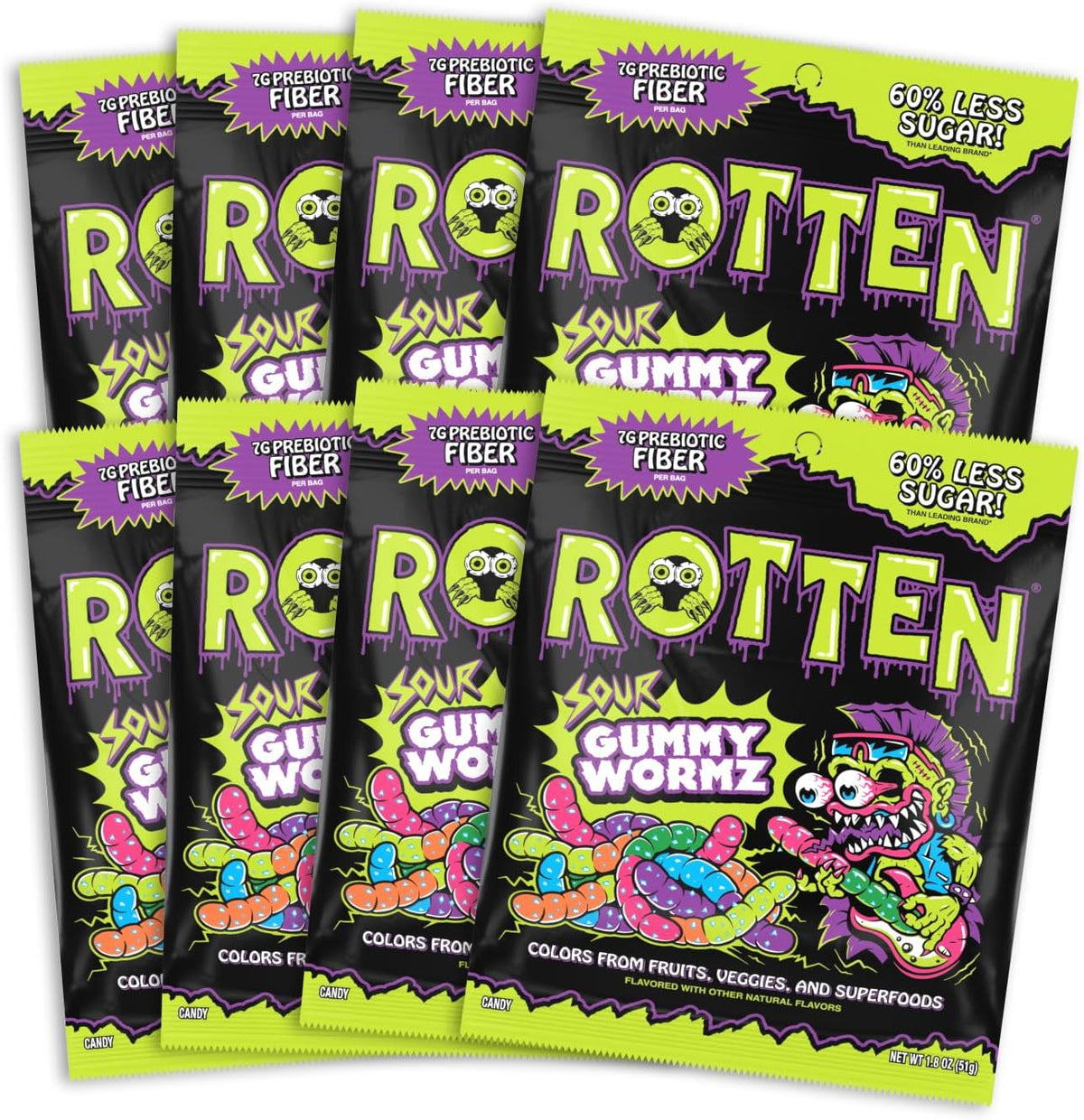 Rotten Sour Gummy Worms - Low Sugar, Low Calorie, 4g Prebiotic Fiber and 2g Protein, Gluten Free Candy - 5.3 oz Share Pack [2 Pack] - Image 9