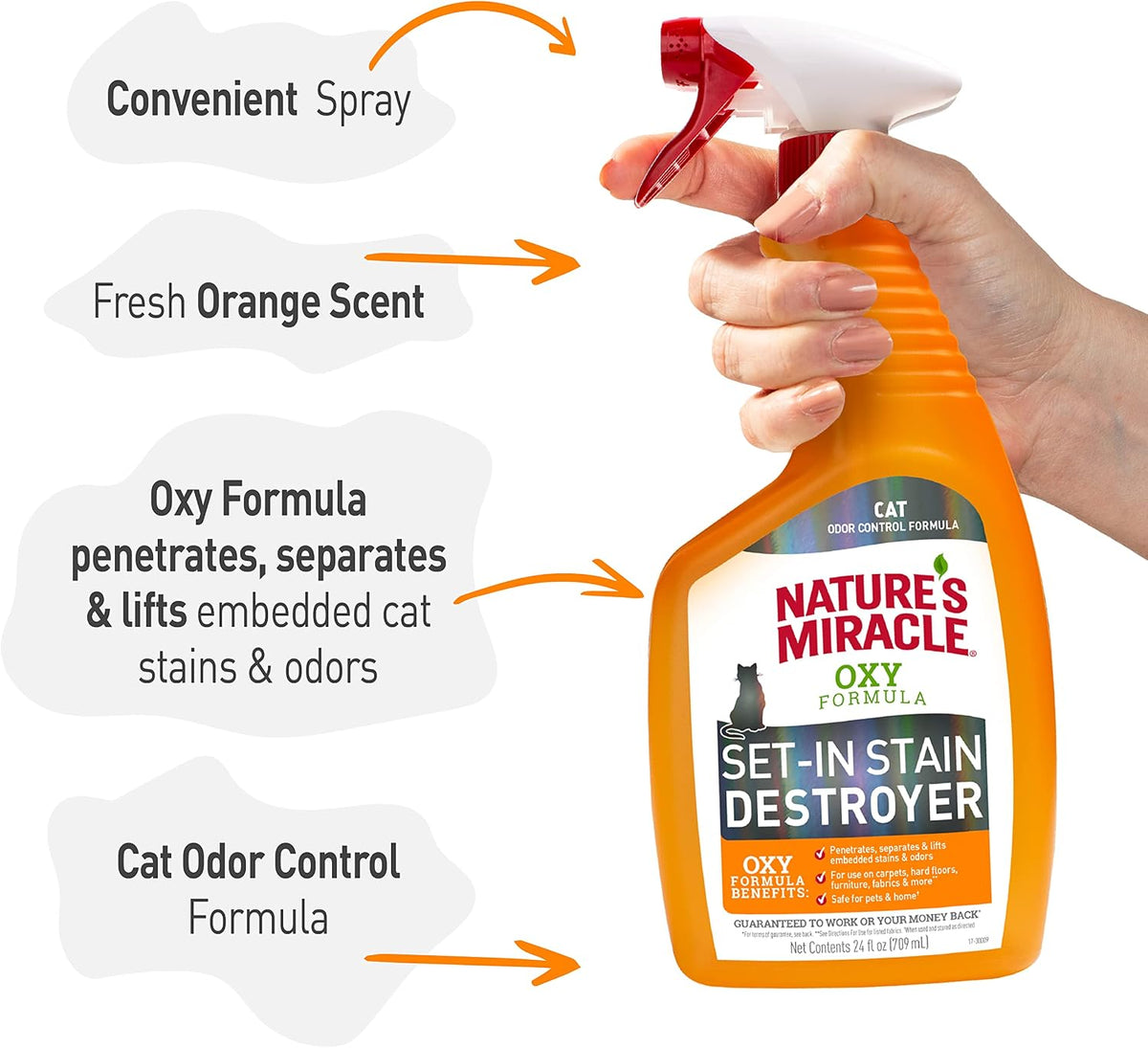 Cat mess cleaner spray targeting tough dried upholstery stains.