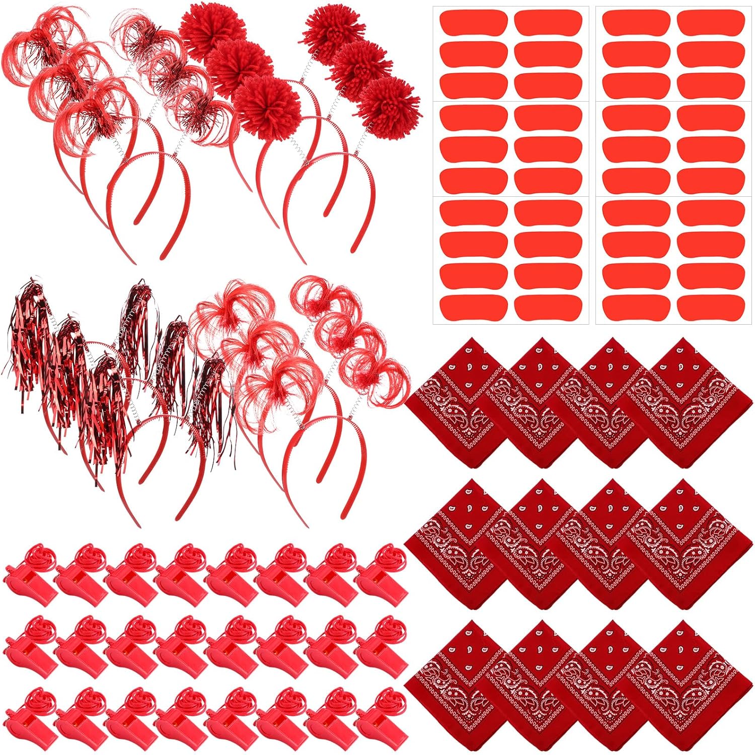 Canlierr 54 pieces team spirit bulk accessories kit front view showing organized red cheering items.