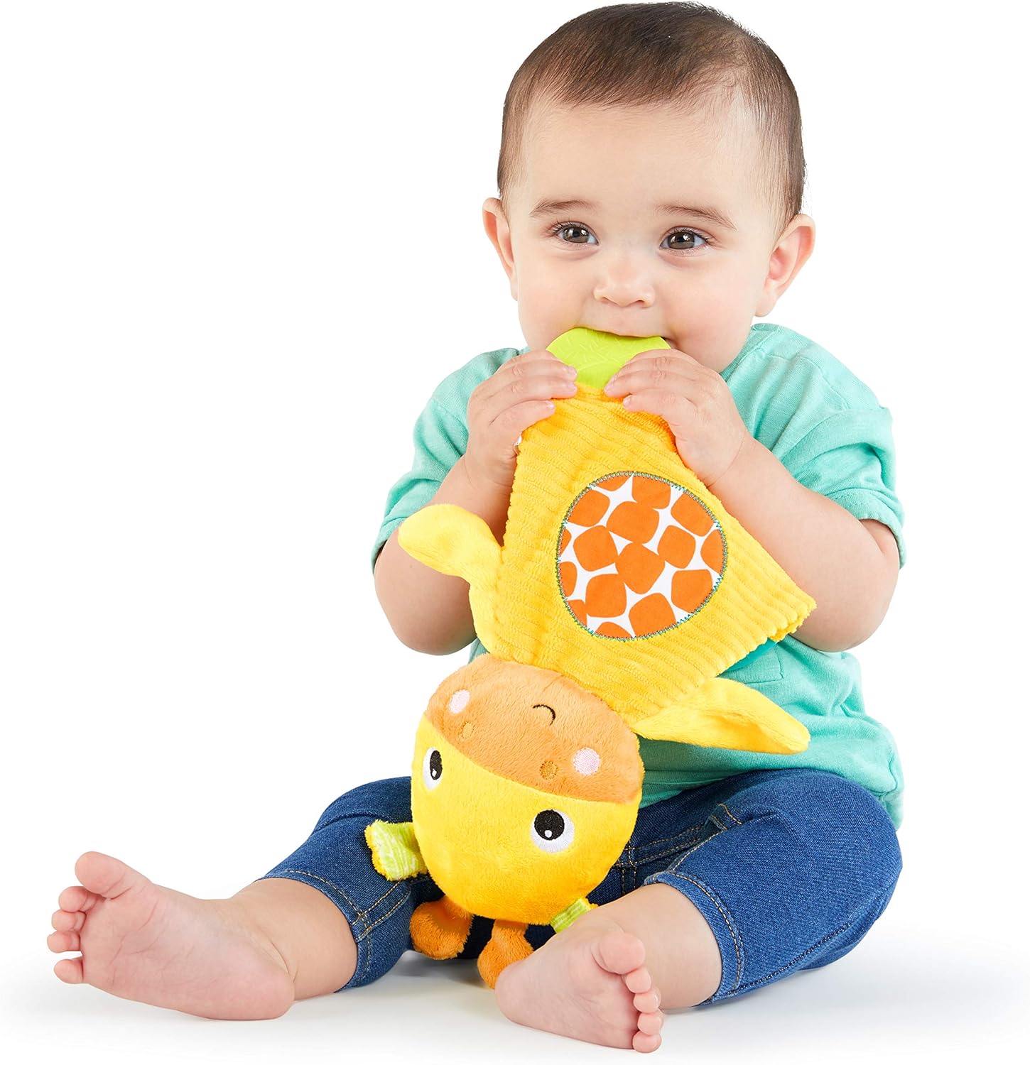 Bright Starts Snuggle and Teethe Giraffe plush toy front view highlighting textured feet.